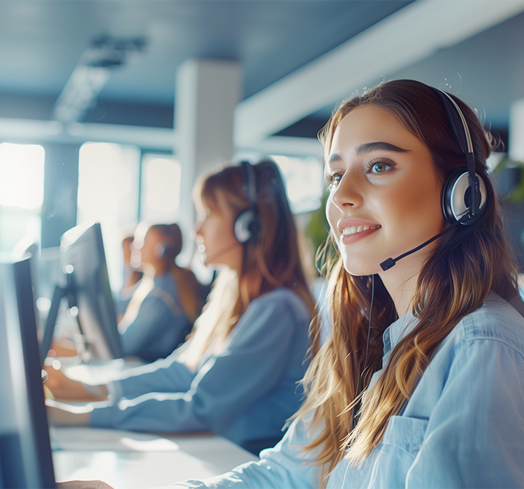 Representantes de servicio al cliente en el trabajo, equipados con auriculares, listos para ayudar a los clientes con consultas sobre nuestra gama de herramientas eléctricas, incluidos los martillos de demolición, los martillos rotativos y más.